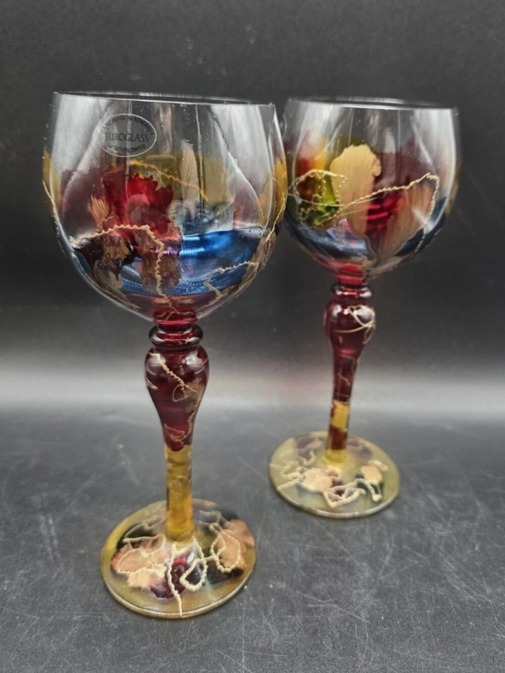 Euroglass Romania Wine Glass Stemware Abstract Hand Painted Pair Boho Elegant